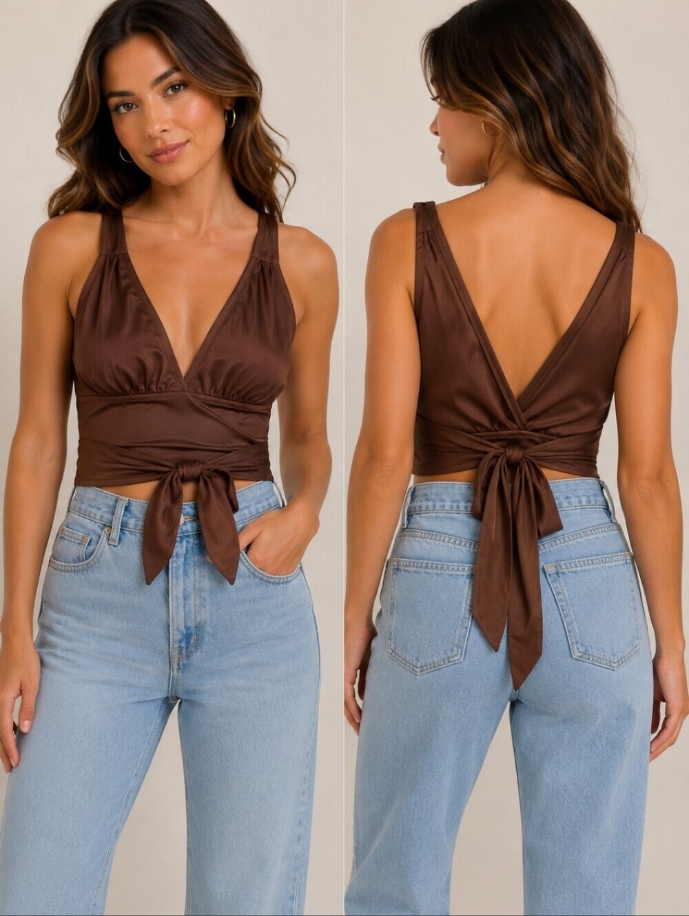 Urban Outfitters Brown Satin Wrap Crop Top